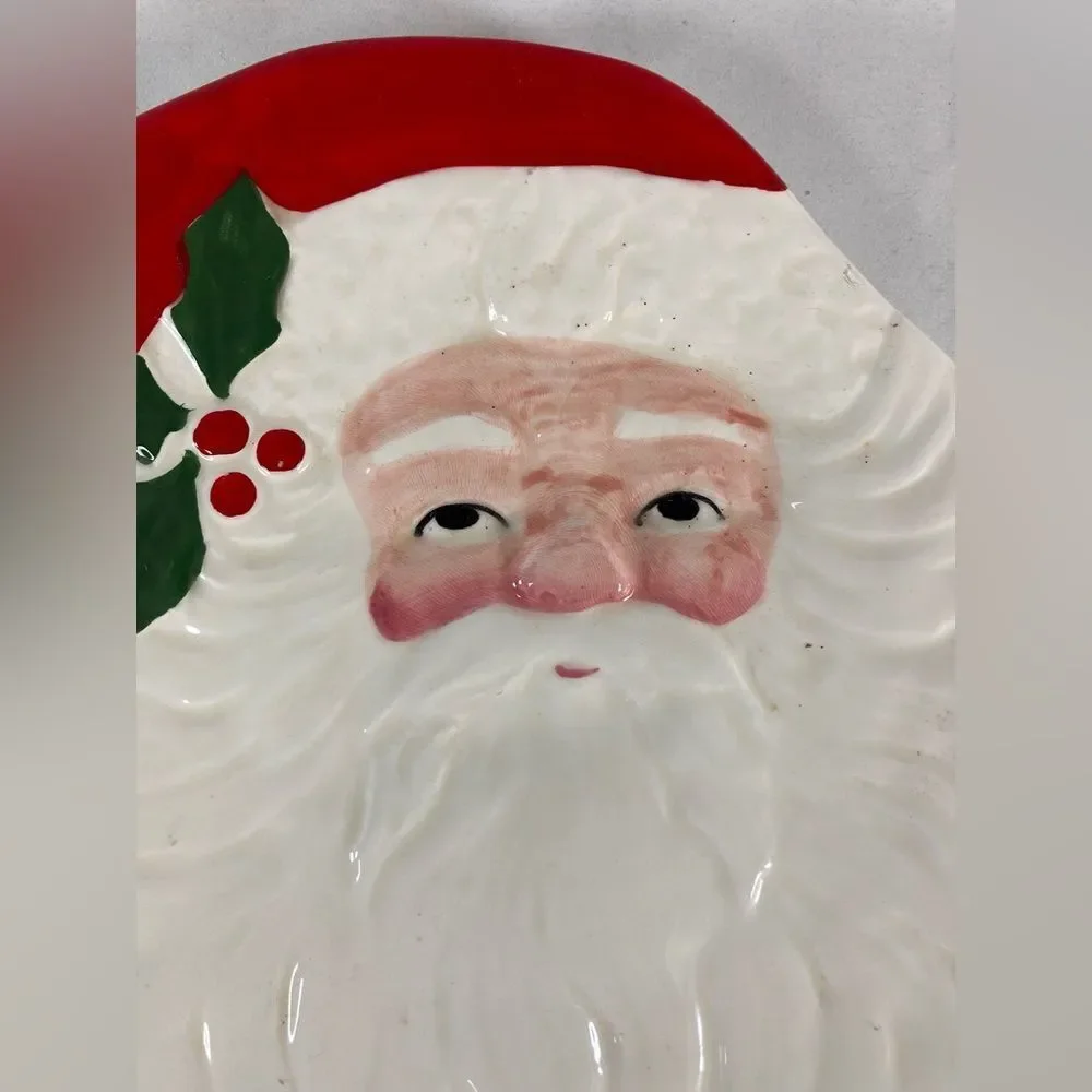 Vintage Santa Face Cookie Plate Hand Painted Japan Christmas Dish 7.5 “ Holly